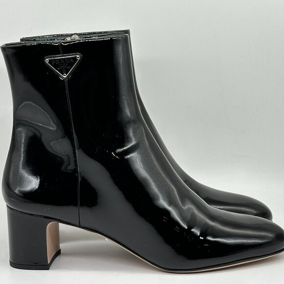 PRADA Triangle Logo Patent Leather Block Heel Ankle Booties Boots Shoes - Picture 7 of 16
